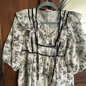 Black and White Toile Puff Sleeve Top with Ruffle Trim